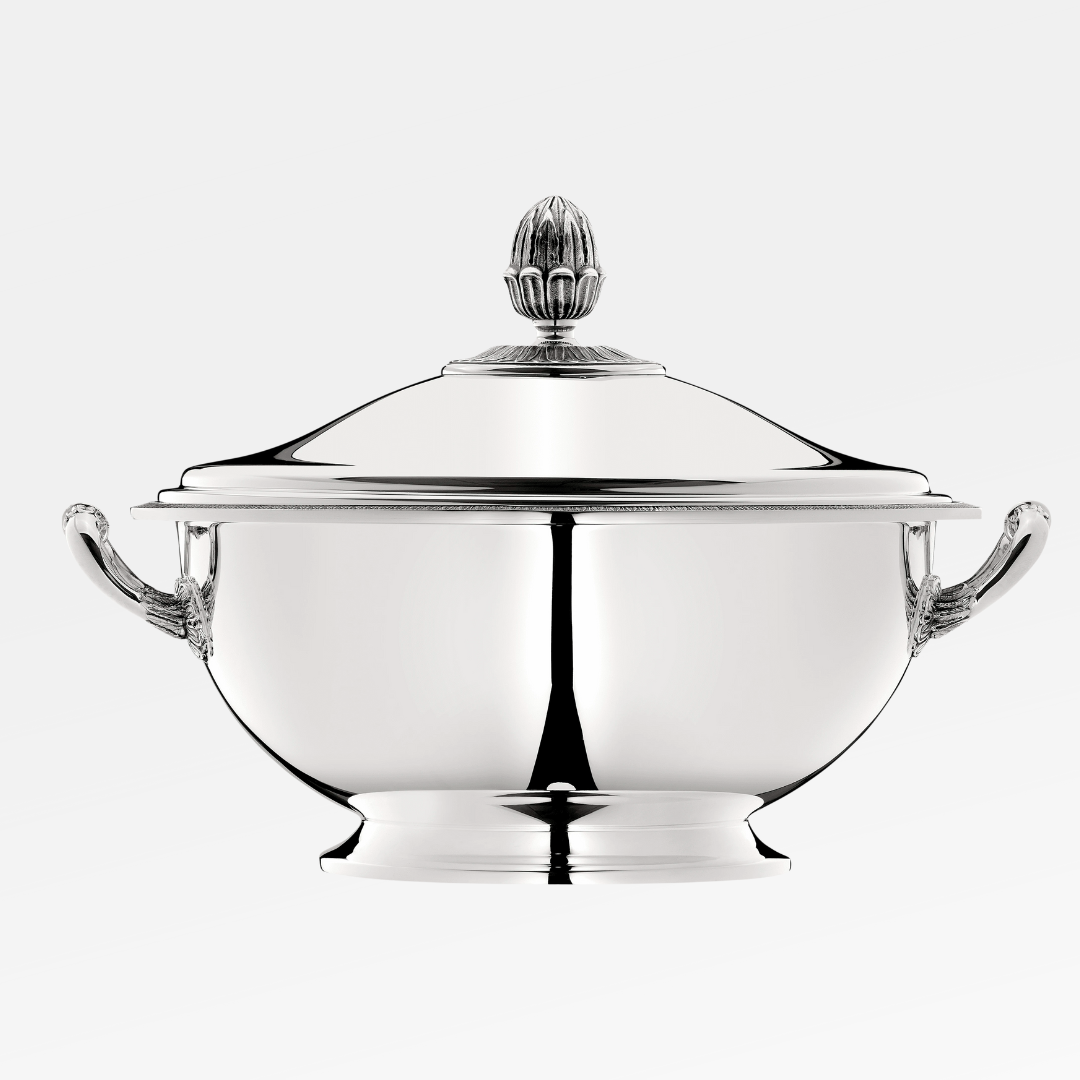 The Christofle Malmaison Silver Plated Soup Tureen features decorative handles and a matching lid with an ornate finial, shown against a plain white background.