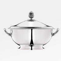 The Christofle Malmaison Silver Plated Soup Tureen features decorative handles and a matching lid with an ornate finial, shown against a plain white background.