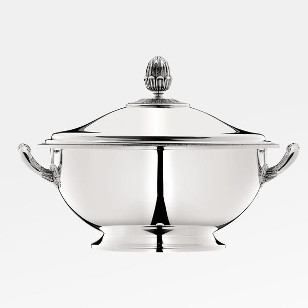 The Christofle Malmaison Silver Plated Soup Tureen features decorative handles and a matching lid with an ornate finial, shown against a plain white background.