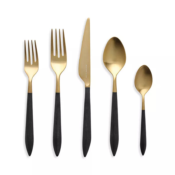 The Vietri Ares Flatware 5 Piece Setting in Black & Gold features two forks, a knife, a spoon, and a teaspoon with brushed gold heads and black handles, arranged side by side on a white background.