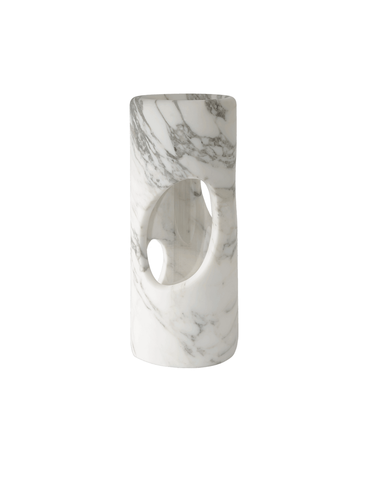 The Pietra Marble Vase by Greg Natale is a cylindrical white marble piece with gray veining and a large hollow oval cutout, showcasing a biomorphic design against a plain white background.
