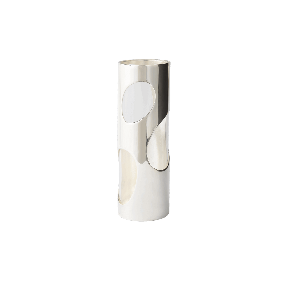 The Pietra Plated Vase by Greg Natale is a tall, cylindrical silver decorative vessel featuring large, irregular oval cutouts in a striking biomorphic design, displayed against a plain white background.
