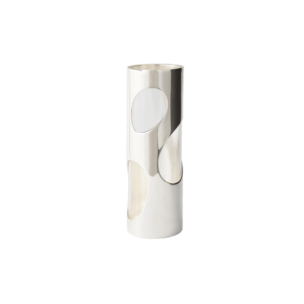 The Pietra Plated Vase by Greg Natale is a tall, cylindrical silver decorative vessel featuring large, irregular oval cutouts in a striking biomorphic design, displayed against a plain white background.