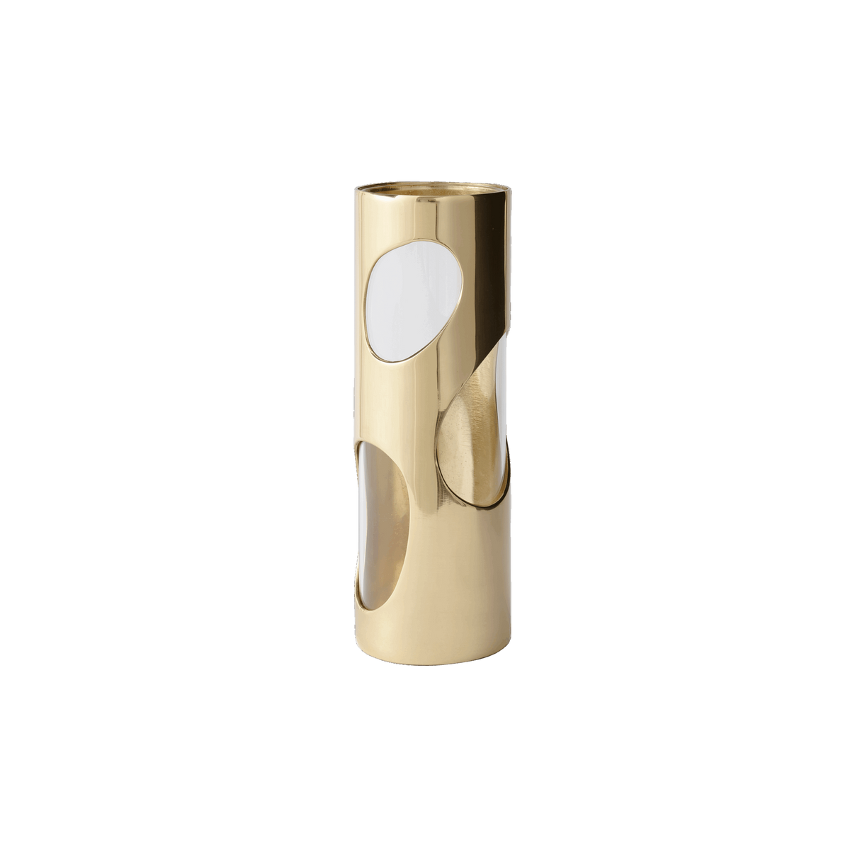 A cylindrical Pietra Plated Vase by Greg Natale showcases large oval cut-out openings on its sides, revealing the hollow interior in a striking biomorphic design, set against a plain white background.