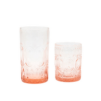 The Aaron Pink Glassware Set of 6 by Blue Pheasant features textured glasses with a pink ombre effect and bangle design, including both tall highball and short tumbler styles, elegantly displayed on a white background.