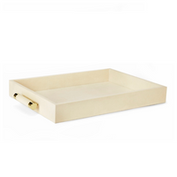 The Aerin Classic Shagreen Cream Serving Tray features a rectangular embossed surface, raised edges, suede lining, and elegant brass handles on each side, shown against a plain white background.