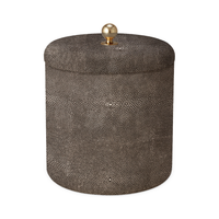 The Aerin Shagreen Ice Bucket features a dark brown embossed texture, a round shape, and a gold knob lid, bringing elegance to any luxury home bar.