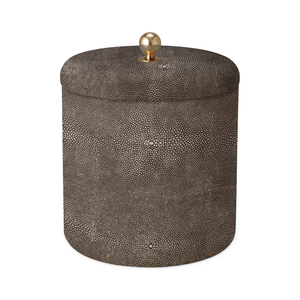 The Aerin Shagreen Ice Bucket features a dark brown embossed texture, a round shape, and a gold knob lid, bringing elegance to any luxury home bar.