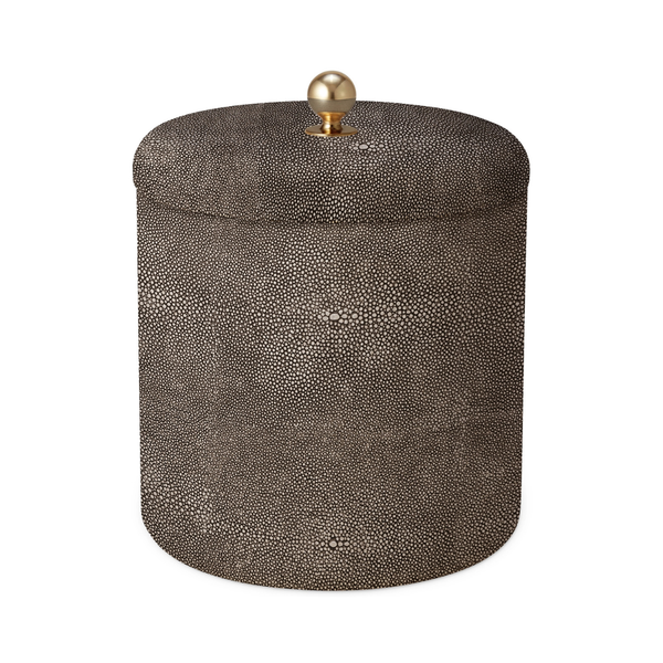 The Aerin Shagreen Ice Bucket features a dark brown embossed texture, a round shape, and a gold knob lid, bringing elegance to any luxury home bar.
