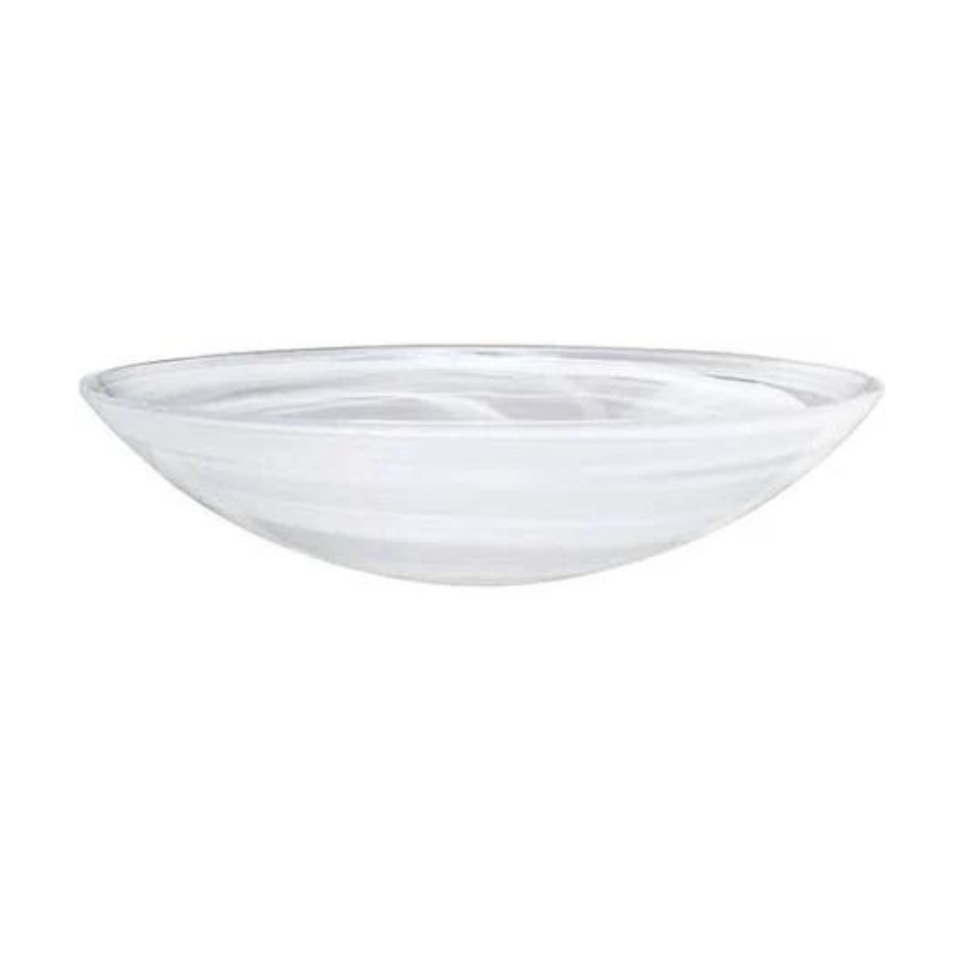 The Mariposa Alabaster Serving Bowl 15" features clear, gently sloping sides. Shown on a white background, it's dishwasher safe and ideal for both daily use and special occasions.
