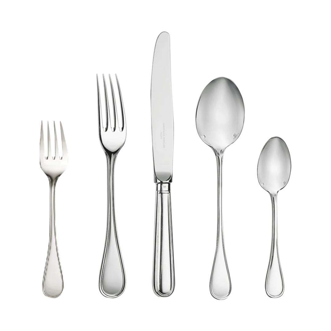 The Christofle Albi Flatware 5 Piece Setting in sterling silver includes a salad fork, dinner fork, dinner knife, soup spoon, and teaspoon. This elegant set is dishwasher safe for easy care.