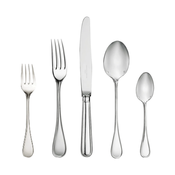 The Christofle Albi Flatware 5 Piece Setting in sterling silver includes a salad fork, dinner fork, dinner knife, soup spoon, and teaspoon. This elegant set is dishwasher safe for easy care.