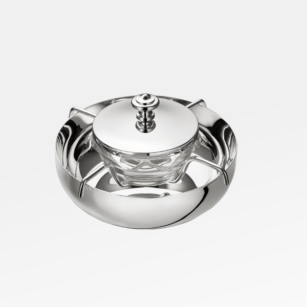 The Christofle Albi Silver Plated Caviar Set, featuring a lidded design with a round handle and an inner glass container, is displayed centered on a plain white background.