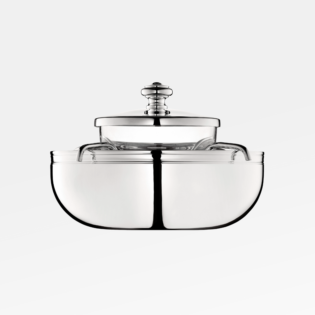 The Christofle Albi Silver Plated Caviar Set features a rounded, symmetrical design with a matching lid and the elegant Albi pattern, photographed on a plain white background for a modern touch.