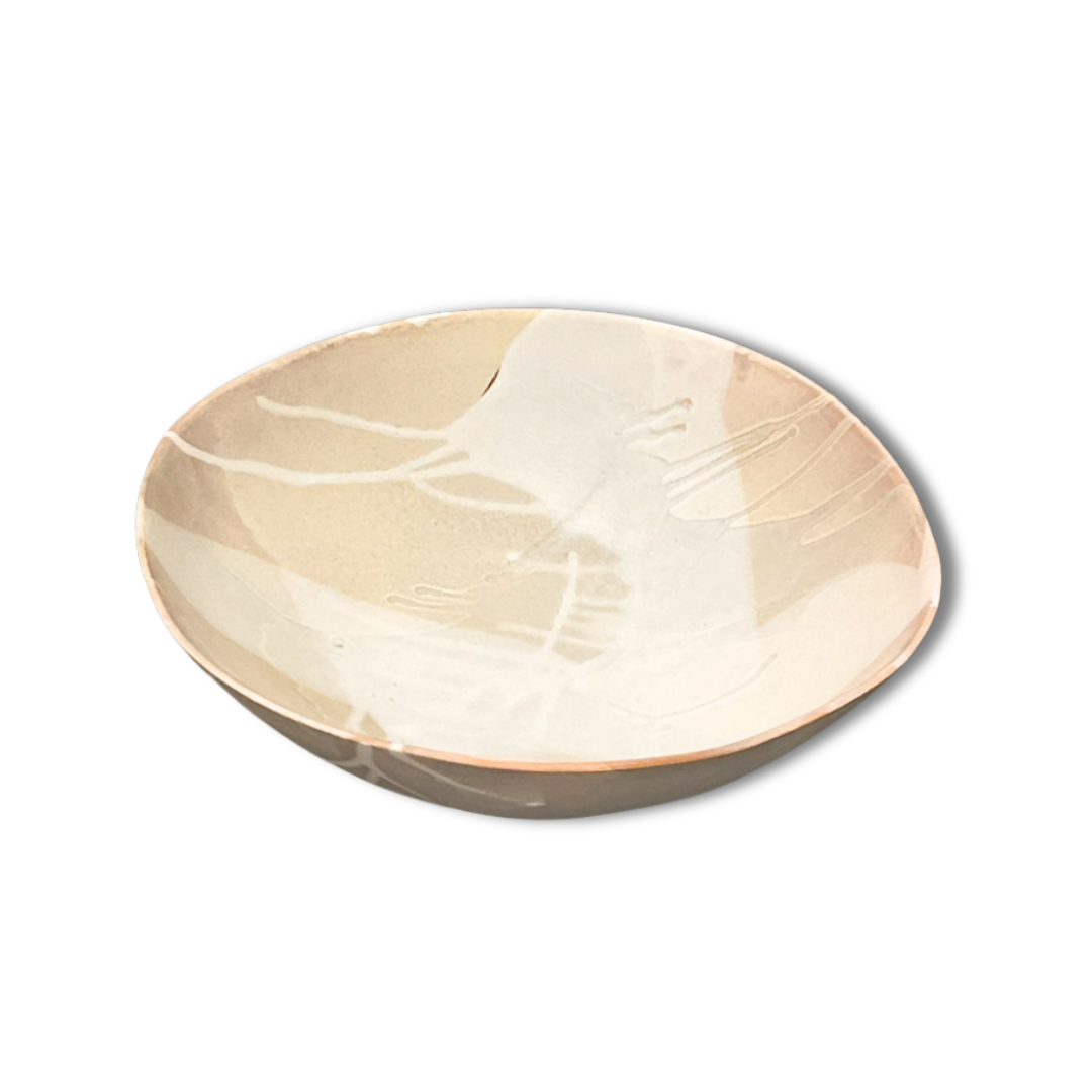 The Round Ceramic Bowls - Stone by Alex Marshall Studios feature a shallow, round shape with a light cream and beige abstract glaze, highlighting handmade ceramic artistry against a white backdrop.