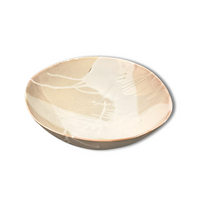 The Round Ceramic Bowls - Stone by Alex Marshall Studios feature a shallow, round shape with a light cream and beige abstract glaze, highlighting handmade ceramic artistry against a white backdrop.