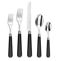 The Capdeco Altea Flatware 5 Piece Setting, crafted in France, features shiny stainless steel heads and black handles—includes two forks, one knife, and two spoons—displayed side by side on a white background.