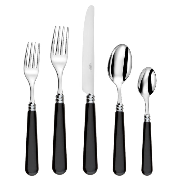 The Capdeco Altea Flatware 5 Piece Setting, crafted in France, features shiny stainless steel heads and black handles—includes two forks, one knife, and two spoons—displayed side by side on a white background.