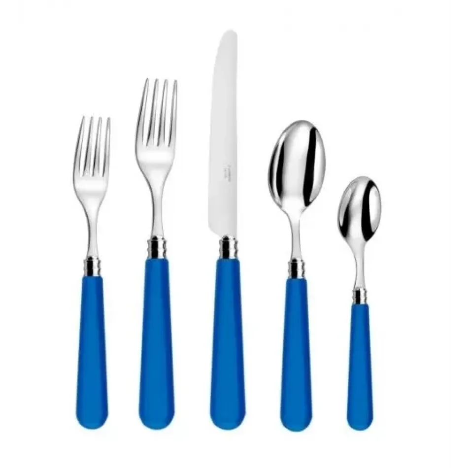 The Capdeco Altea Flatware 5 Piece Setting features two forks, a knife, a tablespoon, and a teaspoon with blue handles, crafted in France from quality stainless steel and displayed on a white background.