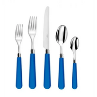 The Capdeco Altea Flatware 5 Piece Setting features two forks, a knife, a tablespoon, and a teaspoon with blue handles, crafted in France from quality stainless steel and displayed on a white background.