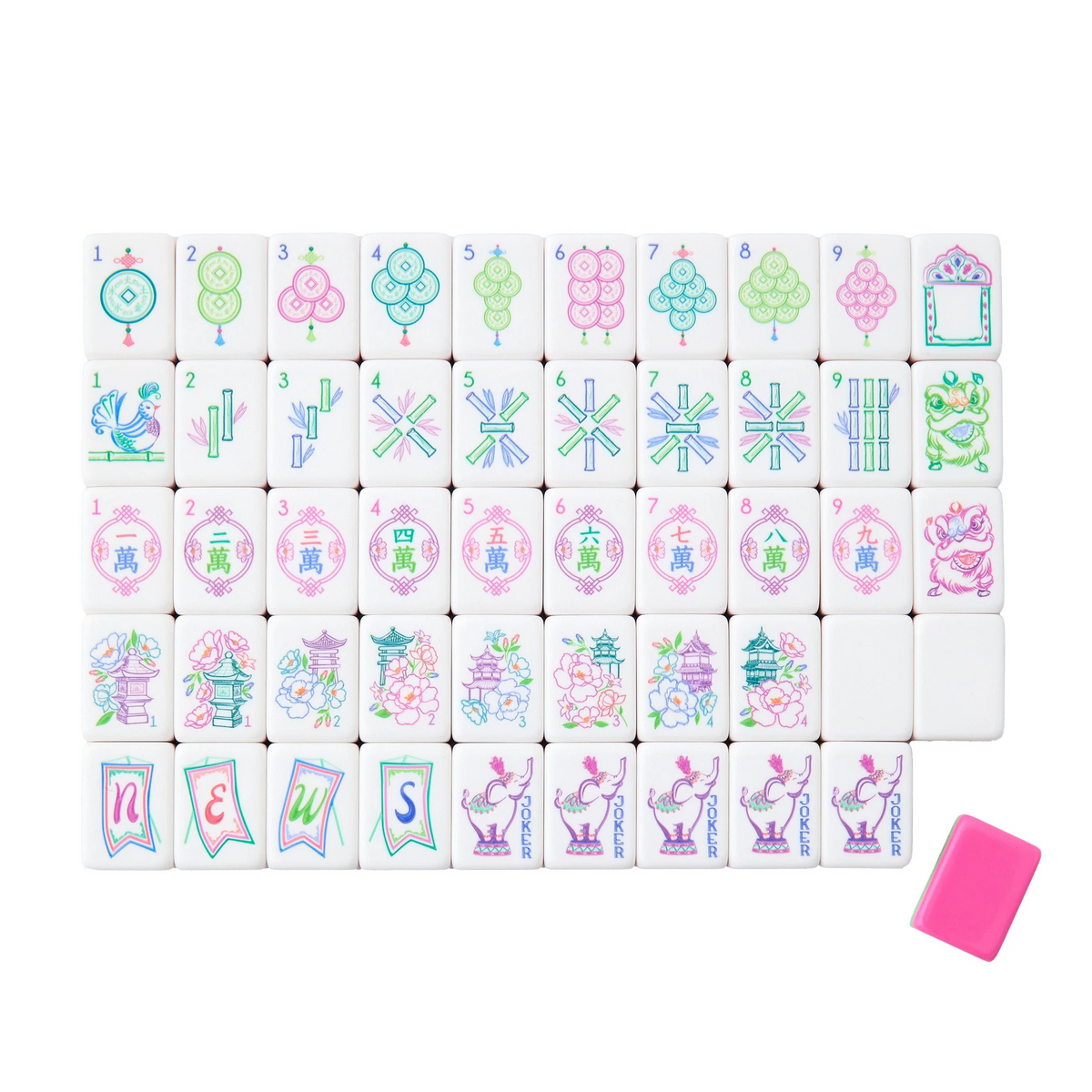 A Mahjong Tiles Set - Amara by Oh My Mahjong is arranged in rows, featuring a variety of suit tiles, decorative tiles, four NEWS letter tiles, two blank tiles, and a pink tile case in the bottom right corner. This collection showcases vibrant acrylic game tiles for a modern twist on the classic mahjong game.