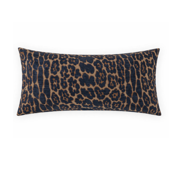 The Ellina Pillow Blue 14 x 24 by D.V. KAP / Canaan Company features a bold leopard-inspired animal pattern in dark navy and tan on a white background, making it a striking rectangular accent for any room.