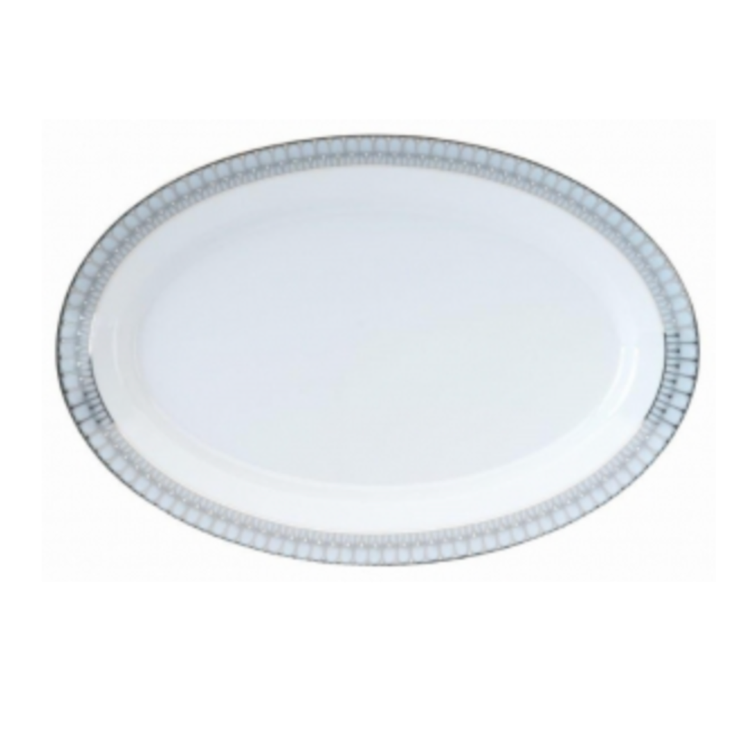 The Philippe Deshoulieres BIA Arcades Platinum Dinnerware features a white oval Limoges porcelain serving plate with a refined silver and gray patterned rim, shown against a plain white background.