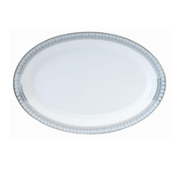 The Philippe Deshoulieres BIA Arcades Platinum Dinnerware features a white oval Limoges porcelain serving plate with a refined silver and gray patterned rim, shown against a plain white background.