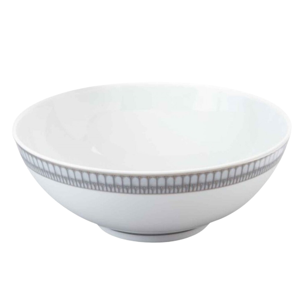 A white ceramic bowl featuring a simple gray geometric rim pattern from the Arcades Platinum Dinnerware collection by Philippe Deshoulieres BIA, displayed against a plain white background.