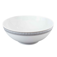 A white ceramic bowl featuring a simple gray geometric rim pattern from the Arcades Platinum Dinnerware collection by Philippe Deshoulieres BIA, displayed against a plain white background.