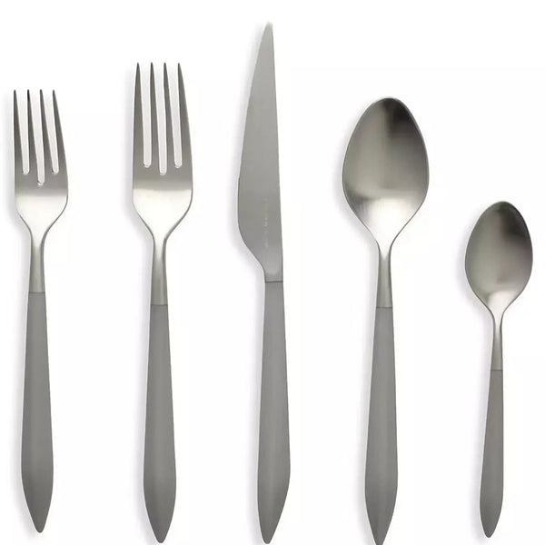 The Vietri Ares Oro Flatware 5 Piece Setting - Grey includes two forks, a knife, a tablespoon, and a teaspoon with sleek gray handles and polished 18/10 stainless steel heads, arranged side by side on a white background.