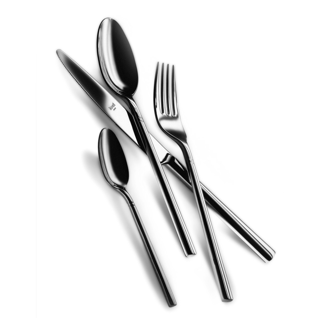 The Mepra Aria Flatware 5 Piece Setting in stainless steel, featuring a knife, spoon, fork, and teaspoon, is arranged diagonally on a white background.