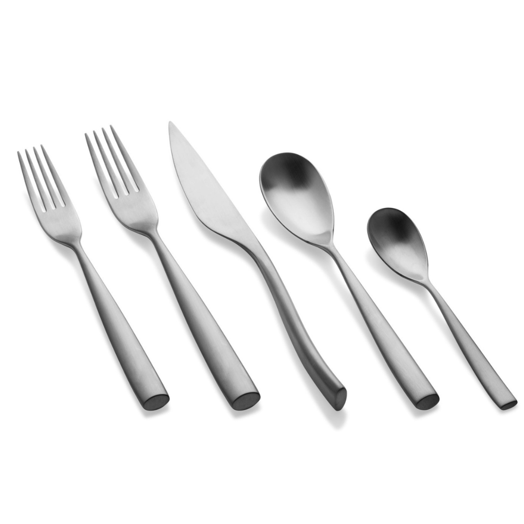 The Mepra Arte Ice Flatware 5 Piece Setting, made from 18/10 stainless steel, features two forks, a knife, a tablespoon, and a teaspoon arranged in a row on a white background.