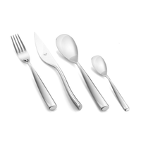 The Mepra Arte Flatware 5 Piece Setting features stainless steel fork, knife, tablespoon, teaspoon, and salad fork, all elegantly arranged on a white background.