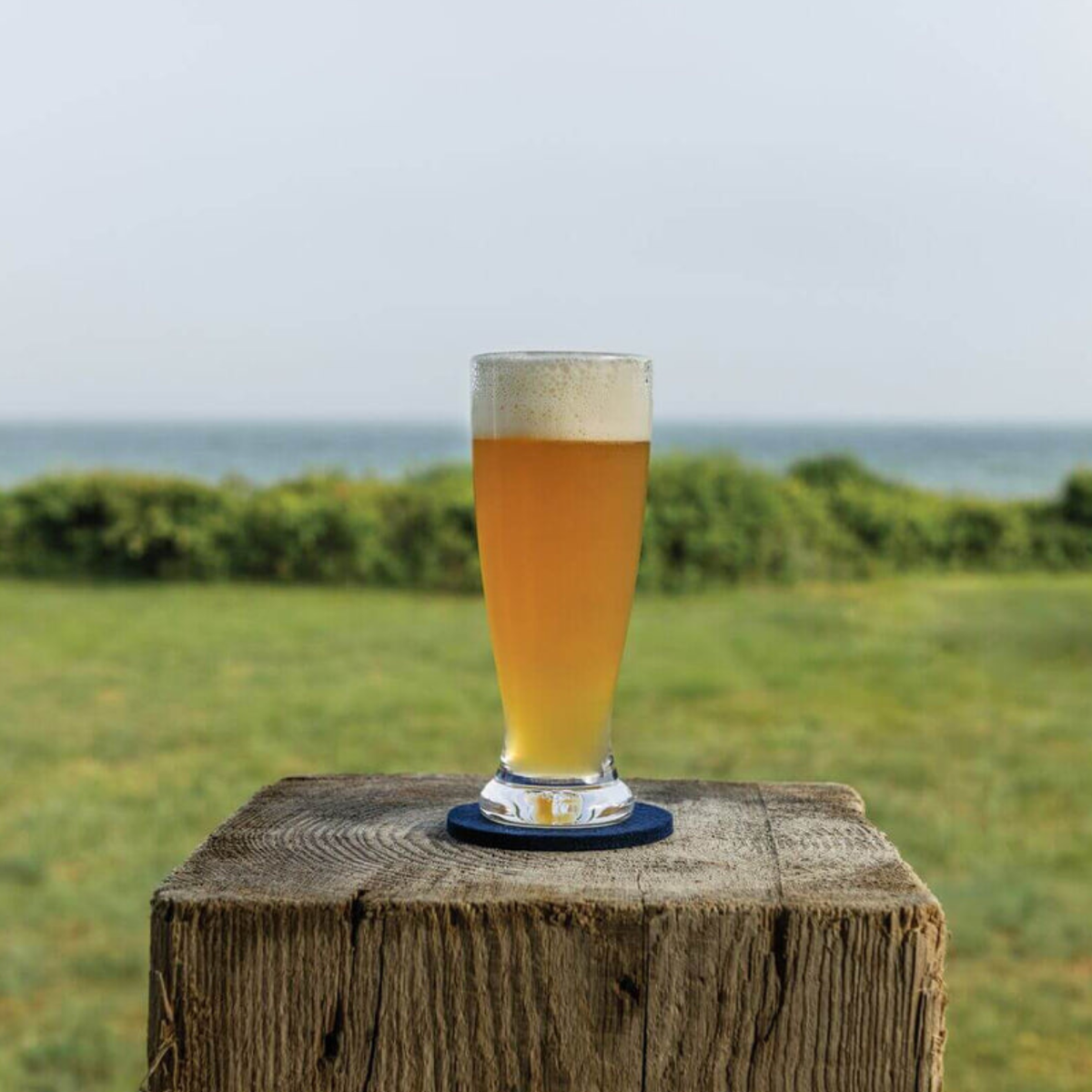 A Simon Pearce Ascutney Pilsner Glass with a frothy head rests on a wooden post, ideal for beer lovers, set against a green field and ocean backdrop beneath a clear sky.