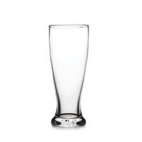 The Simon Pearce Ascutney Pilsner Glass, crafted for beer lovers, features a hand blown clear glass body with a flared rim and thick base, shown on a plain white background.