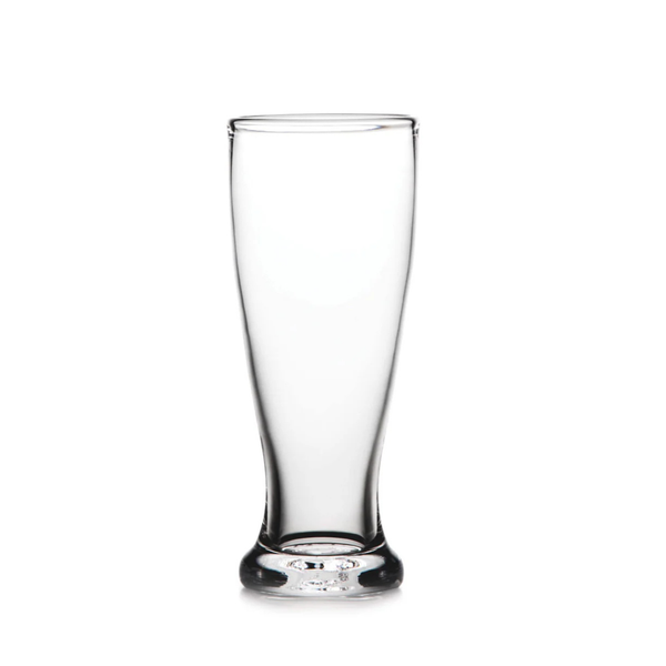 The Simon Pearce Ascutney Pilsner Glass, crafted for beer lovers, features a hand blown clear glass body with a flared rim and thick base, shown on a plain white background.