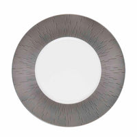 The Haviland Anthracite Infini Dinnerware Grey plate features a concentric radiating pattern of dark gray lines on the rim and is crafted from fine Limoges porcelain.
