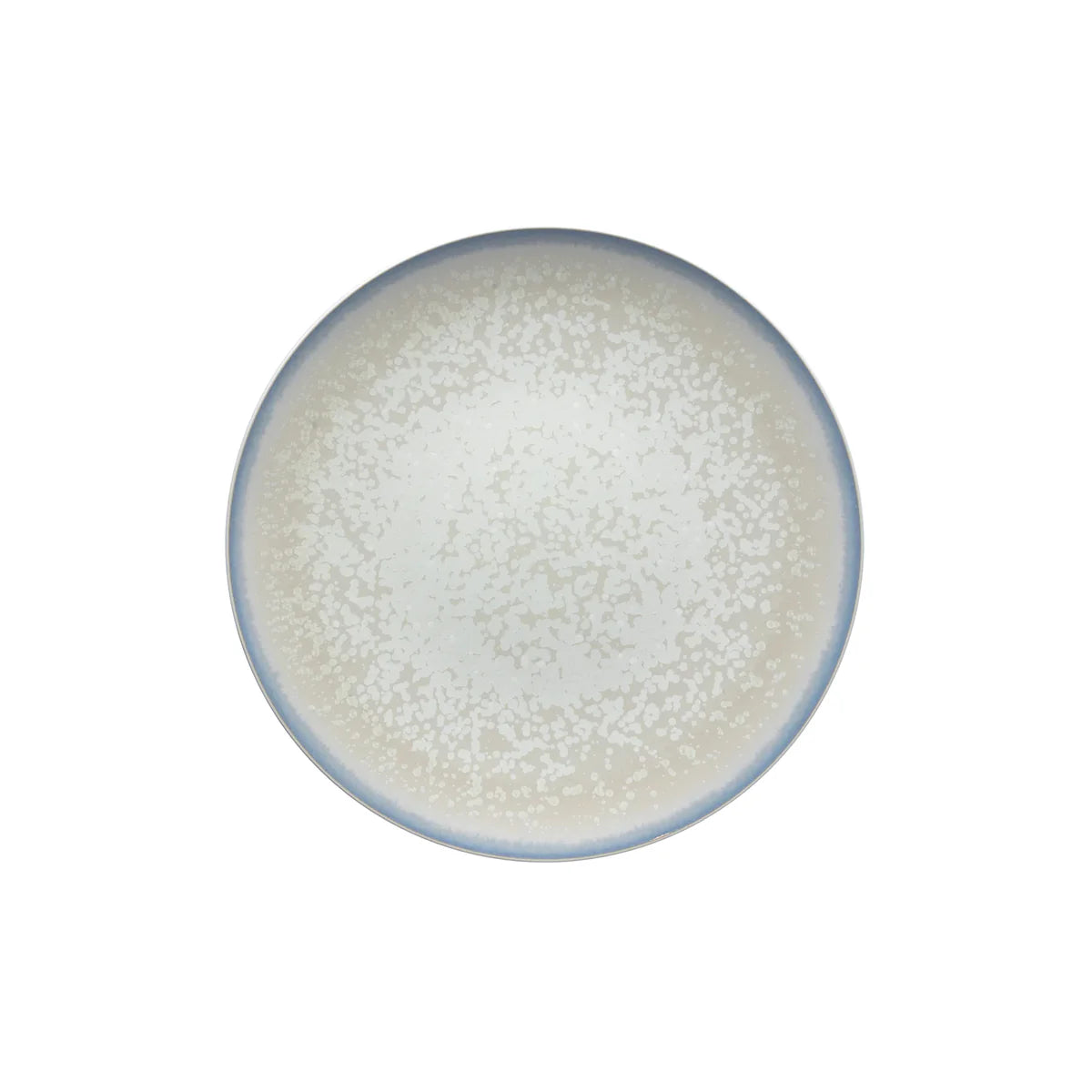 The Song Dinnerware Perle - Agoro plate by Jaune De Chrome features a high-fired porcelain build, subtle speckling, a light beige center, and soft blue-gray rim. Shown from above on white, it adds elegance to any table setting.