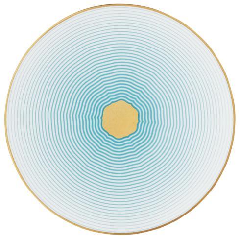 The Aura Dinnerware by Raynaud features a round plate with concentric light blue rings radiating from a central yellow circle, bordered by a thin gold rim. The clean geometric pattern offers a contemporary touch and is elegantly crafted in France.