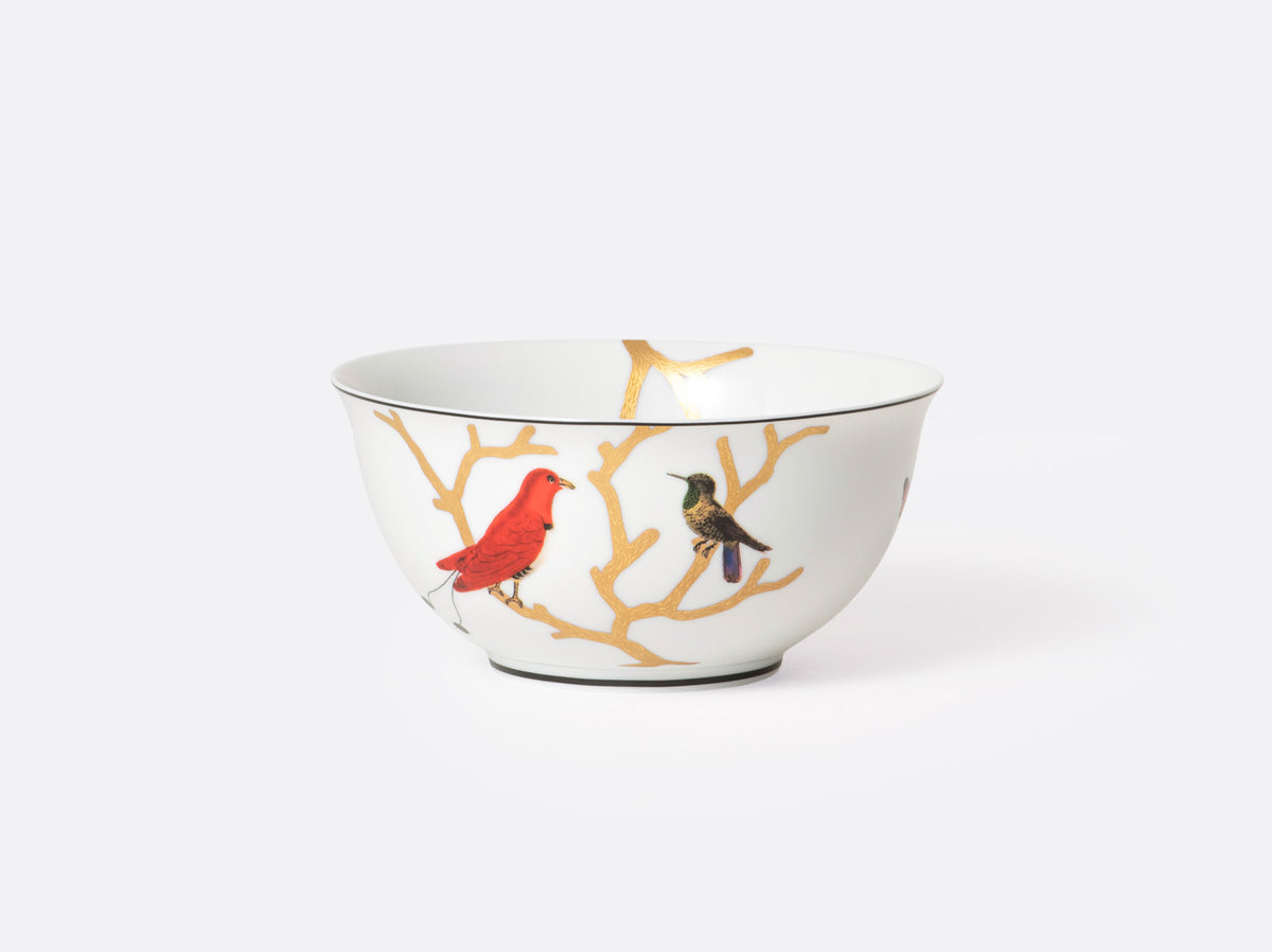 The Aux Oiseaux Dinnerware by Bernardaud is a white Limoges porcelain bowl with gold branch motifs and two vibrant birds—one red, one green—handcrafted on a plain background, beautifully set against a white surface.
