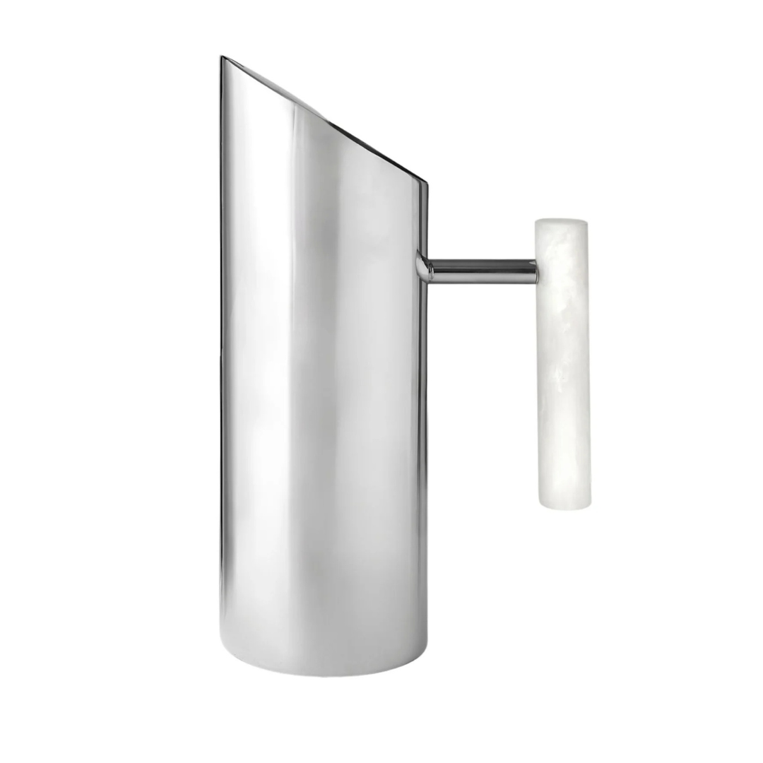 The Godinger Azure Pitcher - White features a sleek, cylindrical design in polished stainless steel with a glossy, reflective finish and a white handle, displayed against a plain white background.