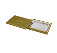 The Christofle Graphik Silver Plated Rectangular Tray with pen is presented in an open olive green gift box with gold script on the lid, from the GRAPHIK collection, set against a white background.