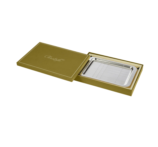 The Christofle Graphik Silver Plated Rectangular Tray with pen is presented in an open olive green gift box with gold script on the lid, from the GRAPHIK collection, set against a white background.