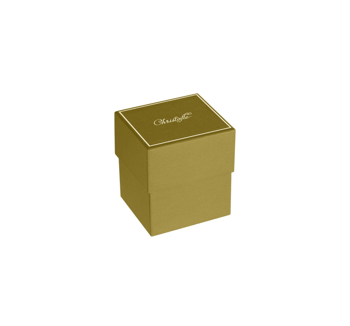 A small, square, gold-toned gift box with elegant white script on the lid sits against a white background—ideal for presenting the Christofle Babylone Silver Plated Candle Holder or other luxury decor pieces.