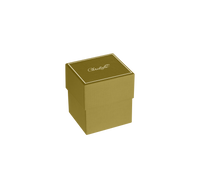 A small, square, gold-toned gift box with elegant white script on the lid sits against a white background—ideal for presenting the Christofle Babylone Silver Plated Candle Holder or other luxury decor pieces.
