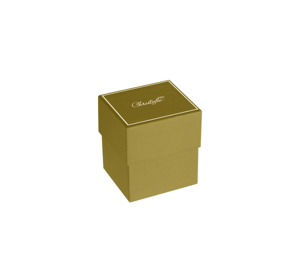 A small, square, gold-toned gift box with elegant white script on the lid sits against a white background—ideal for presenting the Christofle Babylone Silver Plated Candle Holder or other luxury decor pieces.