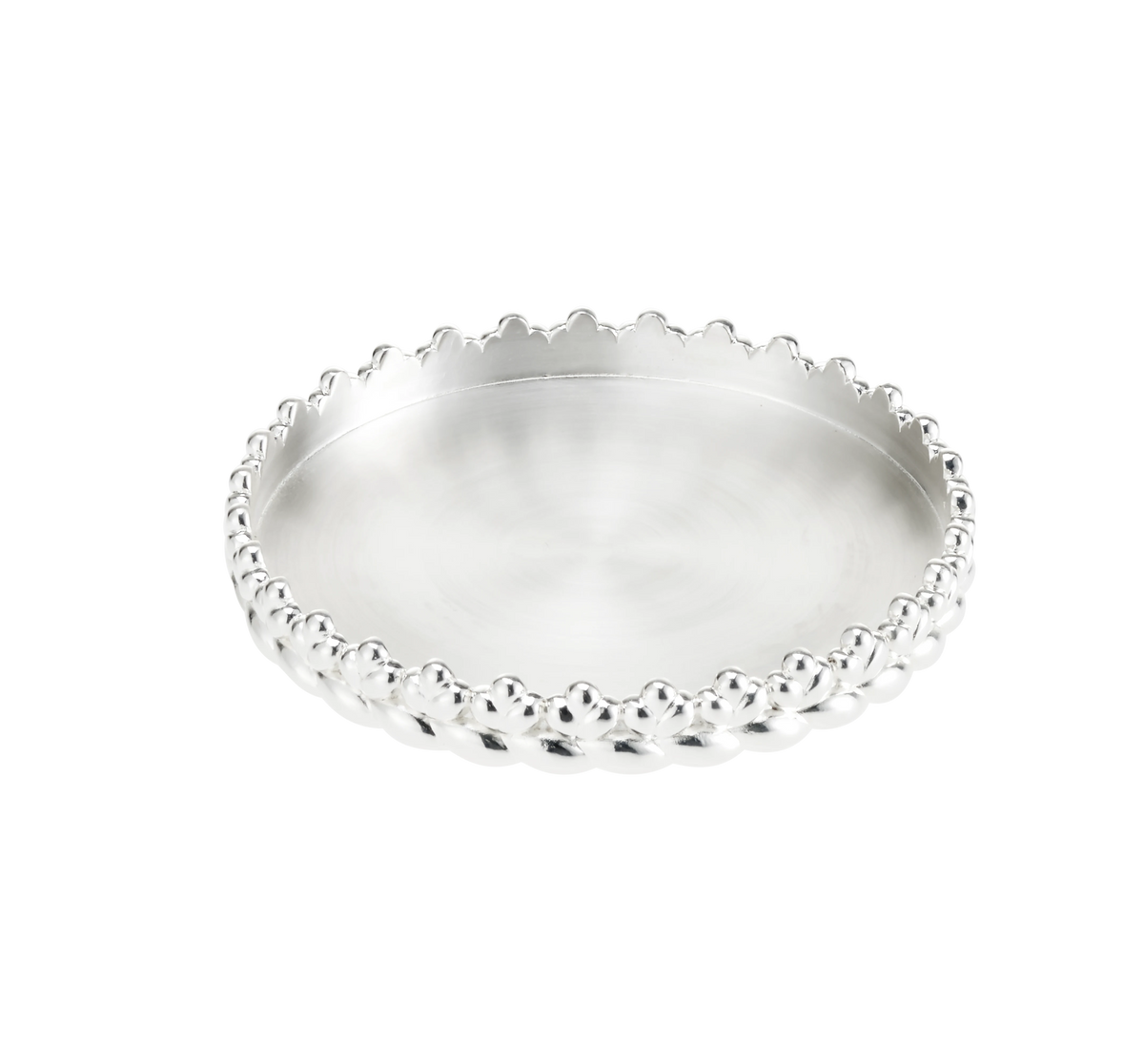 The Christofle Babylone Silver Plated Candle Holder features a smooth, round design with a raised beaded edge, making it an elegant accessory for candles or a touch of luxury home decor, shown on a plain white background.