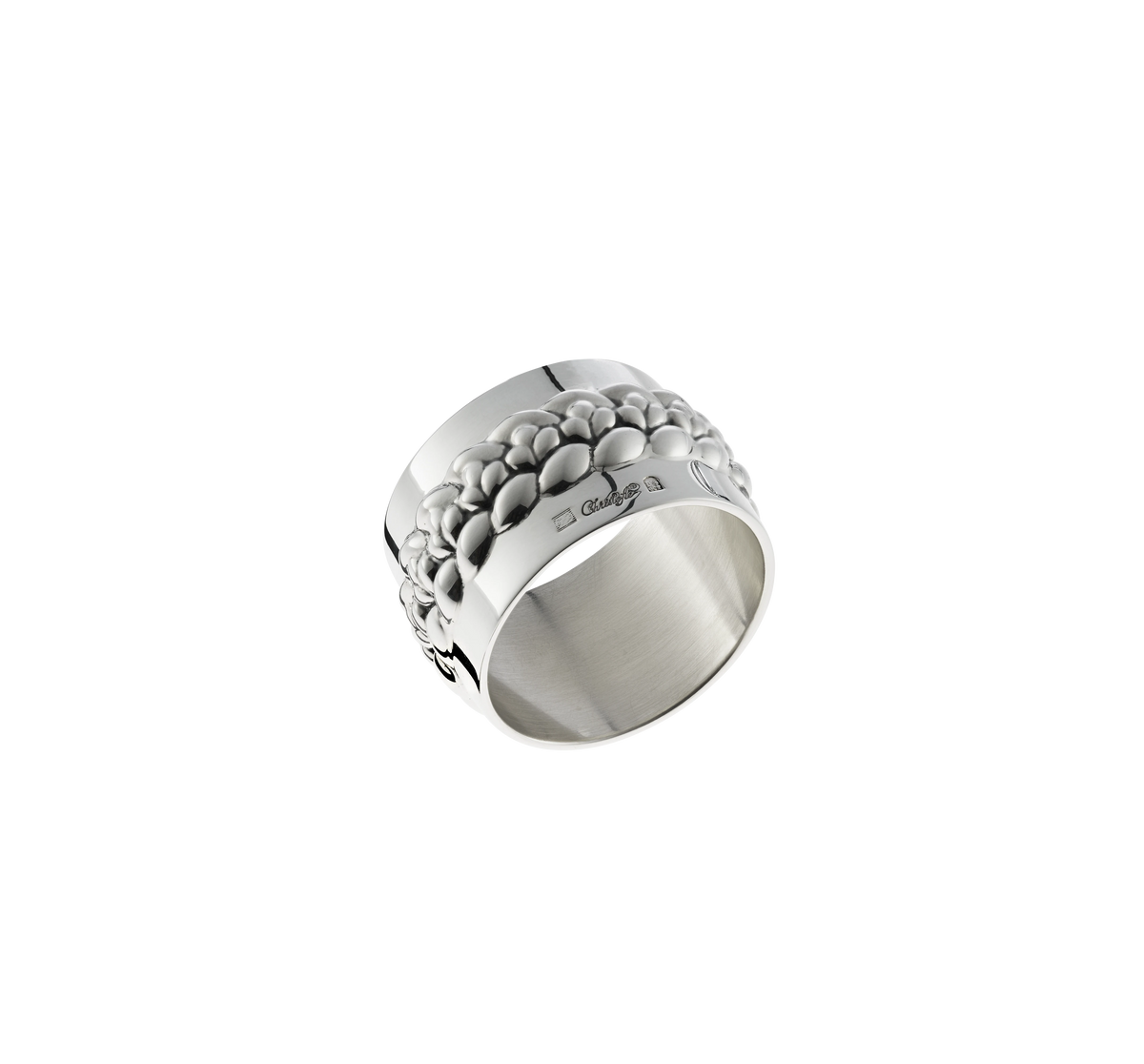Christofle Babylone Silver Plated Napkin Ring featuring a textured band of rounded embossed shapes.