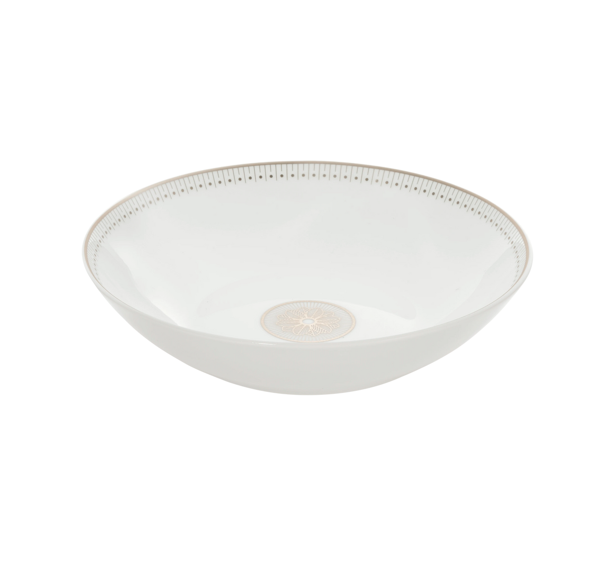 The Malmaison Imperiale Porcelain Dinnerware Platinum by Christofle showcases a white porcelain bowl adorned with a subtle decorative platinum pattern along the rim and an intricate circular motif at the center. Presented against a plain white backdrop, it exemplifies Christofle’s commitment to luxury tableware, seamlessly blending classic elegance with exceptional craftsmanship.